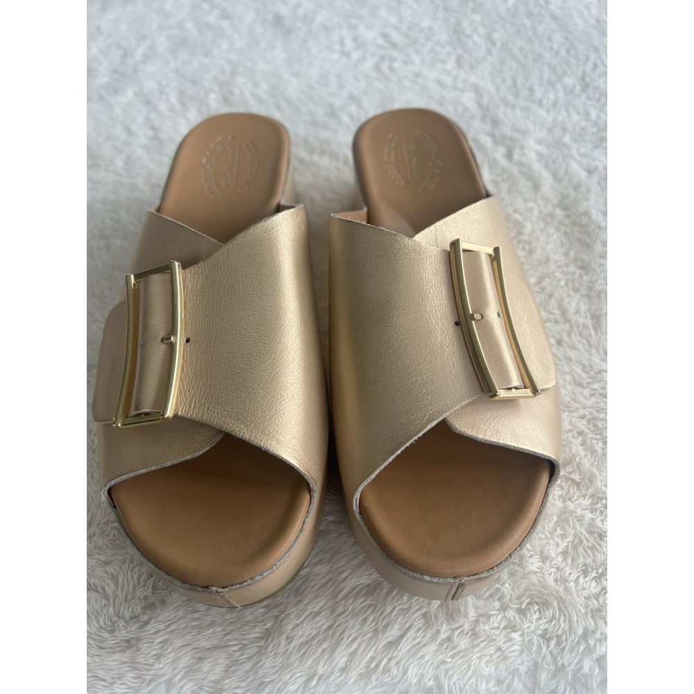 Kork-Ease Sz 9 Brushed Gold York Leather Buckle Platform Slide Sandals NWT - Picture 3 of 16
